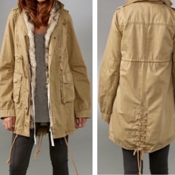Free People Jackets & Blazers - Free People Faux Fur Trimmed Parka Utility Jacket Tan Size Extra Small
